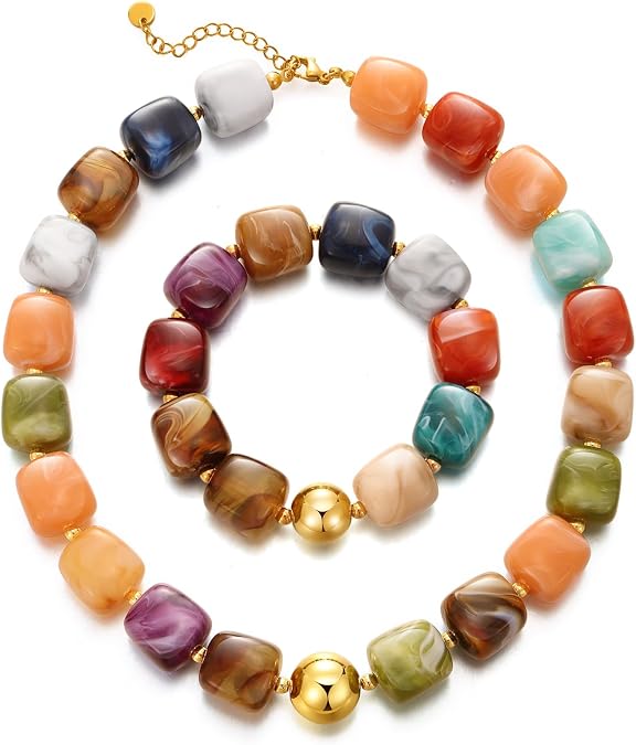 KISS WIFE Colorful Resin Bead Necklace and Bracelet Set for Women