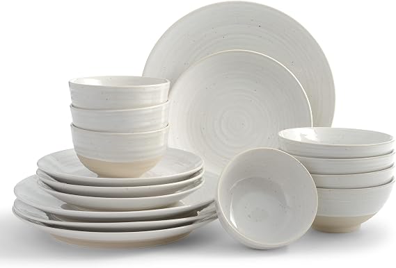 Sango Siterra 16-Piece Stoneware Dinnerware Set Service for 4, Plate & Bowl Set, White Glaze with Glossy Speckle Overlay, for Everyday Dining & Entertainment, Microwave & Dishwasher Safe