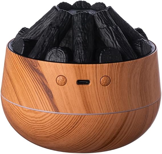 Flame Effect Humidifier with LED Light | Ultrasonic Cool Mist Fireplace Style Air Humidifier for Bedroom, Office & Desk | USB Ambient Night Light Aroma Diffuser Decor (Wooden)