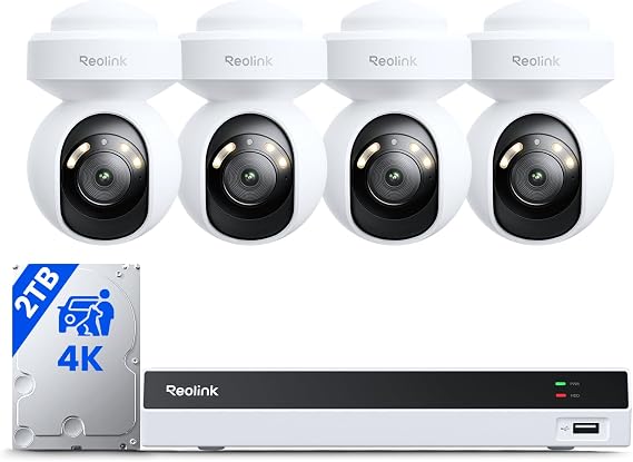 REOLINK 8CH 4K Security Camera System with PT Auto-Tracking RLK8-800PT4 | 355Pan 50Tilt, 4pcs 4K PoE Cameras Wired Outdoor, 8CH White NVR with 2TB HDD, Smart Detection, Spotlights & 2-Way Talk