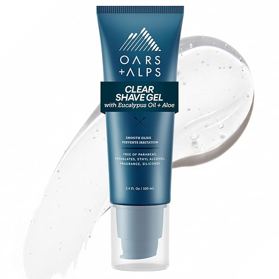 Oars + Alps Hydrating Men's Clear Shave Gel, Cushioning, 1pk, 3.4oz | Soothes + Softens Hair, Reduces Friction, Minimizes Redness, + Irritation, Close Shave, Dermatologist Tested, Travel Friendly