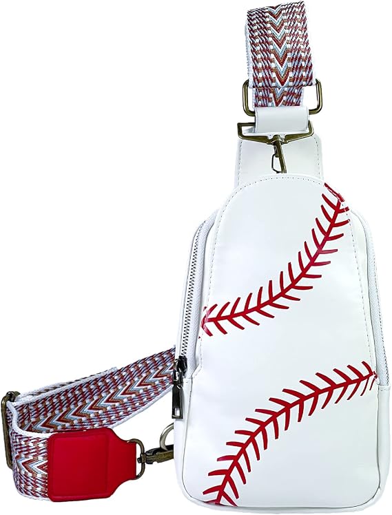 FAYBA Small Sling Bag for Women Crossbody Bag, Baseball Print PU Leather Wide Guitar Strap Chest Sling Backpack Purse