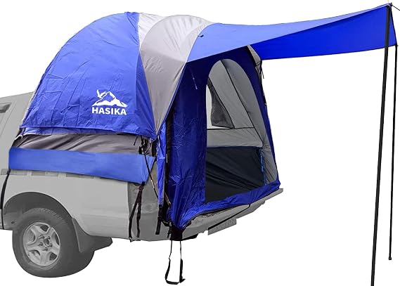 Hasika Double Layer Pickup Truck Bed Tent with Awning, PU3000mm Waterproof Camping Shelter, Fits 5 to 6.5 ft Short Bed/Regular Bed, Blue/Grey