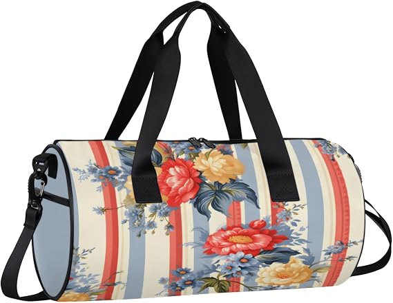 Vintage flowers Round Barrel Sports Fitness Bag, Vertical Stripe Travel Luggage Bag, Reusable Handbag, Suitable For Men and Women