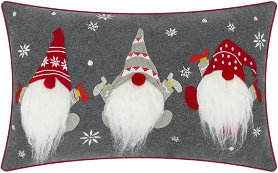 JWH Gnome Pillow Cover Decorative Christmas Throw Pillow Winter Holiday Decorations Grey Pillowcase Embroidery Cushion for Farmhouse Home Bed Couch Decor 12x20 Inches Colorful Red