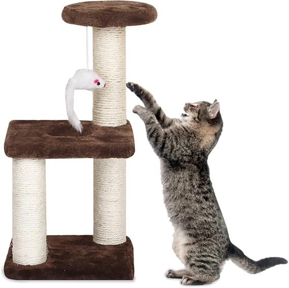 Kitty City Small Cat Tree - Sisal Scratching Post with Interactive Toys, Easy Installation (Brown)