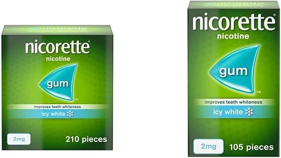 Nicorette Gum 2 mg Ice White, Fast, Whitening (1 Pack x 210 Pieces) and Nictotine Gum, Fast, Whitening (1 Pack x 105 Pieces)