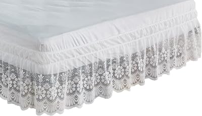 Vintage Solid Lace Elastic Dust Bed Skirt,Wrap Around Bed Skirt,Easy OnOff Dust Ruffle,15 Drop