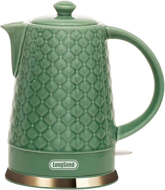 1.5L Ceramic Electric Kettle, 1200W Fast Boil Retro Tea Pot with LED Light, BPA-Free Porcelain Cordless Water Boiler, Auto Shut-Off & Boil-Dry Protection, Green Relief Carving