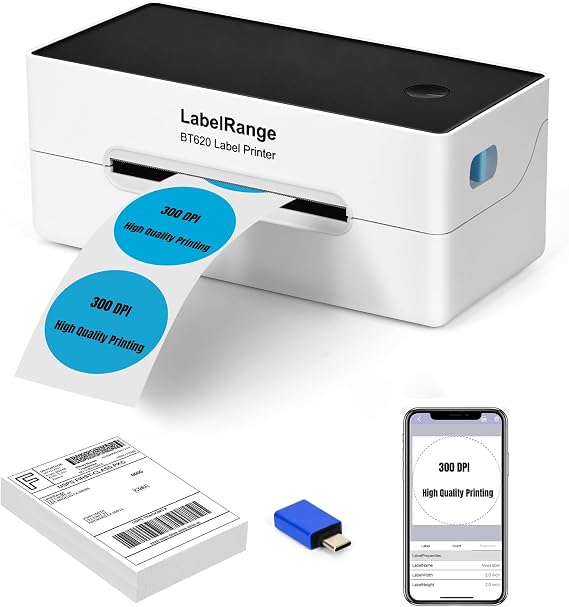 Ecommerce Shipping Label Printer, Thermal 4x6 Label Printer, 300 DPI, Bluetooth & USB, Compatible with iOS, Android, Windows, USPS, Pirate Ship, Shippo, Amazon, Shopify