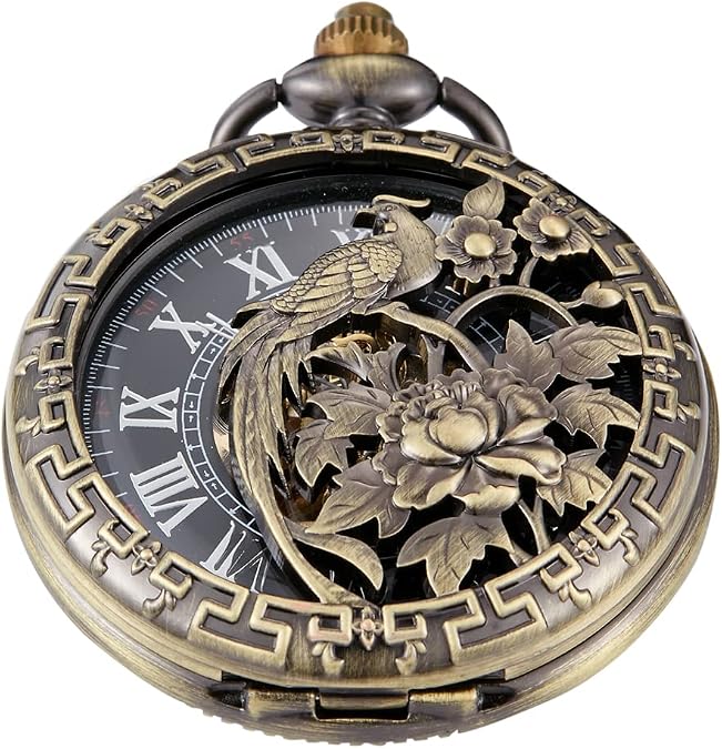 Bronze Retro Mechanical Pocket Watch Skeleton Roman Numerals Hollow Mechanical Pocket Watches with Box