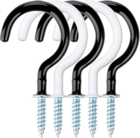 H&S Cup Hooks for Hanging Kitchen Utensils Display - 18pcs Mug Holders with 2.9 Inches Screw for Hanging Plants - Plastic Coated Black & White Ceiling Screw in Hooks for Plants
