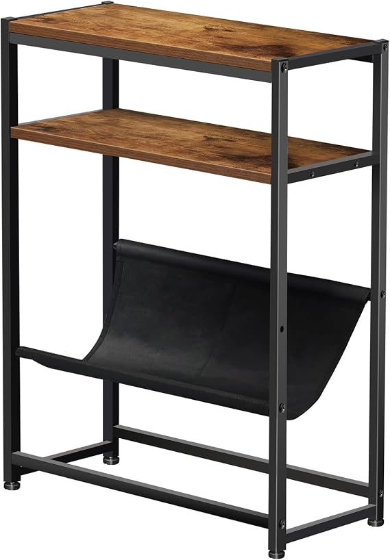 Slim Side Table with Storage Shelf, 3-Tier Narrow End Table for Small Spaces, Living Room,Bedroom, Office, Bedside Table Small Nightstand with Extra-Large Desktop, 43.3 x 18.3 x 55.8 cm, Rustic Brown