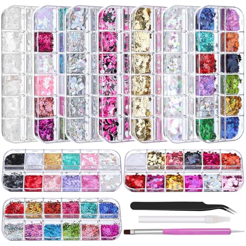 10 Boxes Holographic Nail Glitter Sequins Kit,Mixed Shape Iridescent Laser Butterfly Heart Star Maple Leaf Cherry Blossoms Sakura Petal Nail Art Flakes with Tweezers & Dotting Tools for Nail Craft