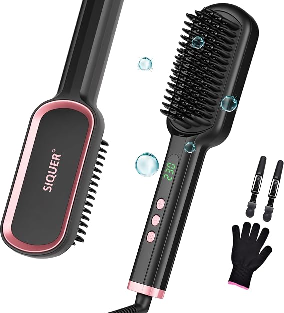 Hair Straightener Brush - SIQUER Ionic Hair Straightening Brush | 13 Temps LCD Display 45s Fast Heating 60mins Auto-Off Anti-Scald Ceramic Hair Straightener Comb for Home Salon, Black