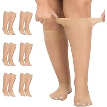 6 Pairs Plus Size Knee High Socks Women's Nylon Pop Socks 15 Denier Sheer Knee Highs One Size Black Nude