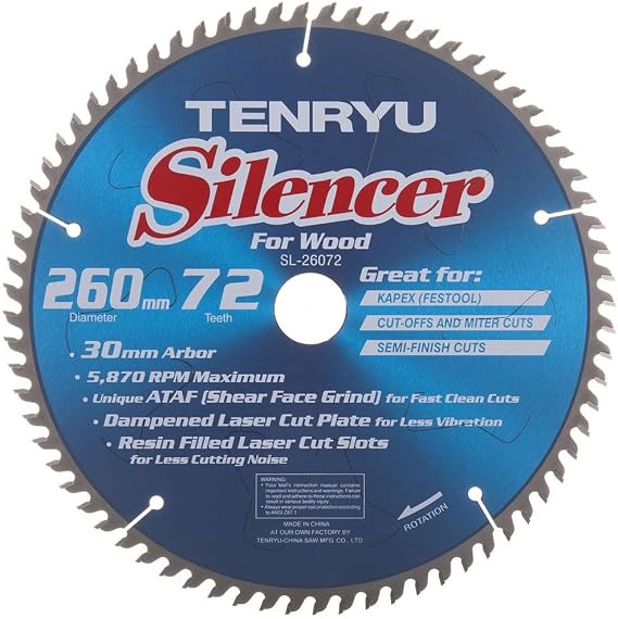 Tenryu Silencer Series Steel Arbor Blade 10.23 inches 72 Tooth