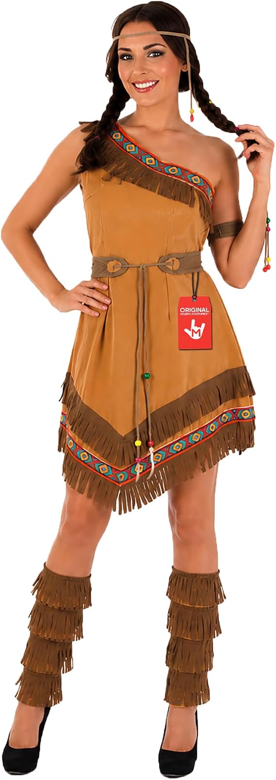 fun shack, Indigenous Woman Costume, Halloween Costume | Brown Fringed Dress, Beaded Belt, Matching Headband, Armband, Boot Covers Included, Perfect for Halloween, Great for Dress-Up