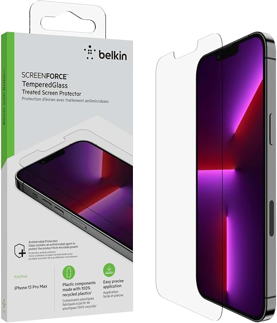 Belkin iPhone 14 Plus, iPhone 13 Pro Max Ekran Koruyucu TemperedGlass, AntiMikrobiyal İşlem Görmüş, Kolay Uygulama Kabarcıksız Birlikte Dahil Kılavuz Çıkartmaları