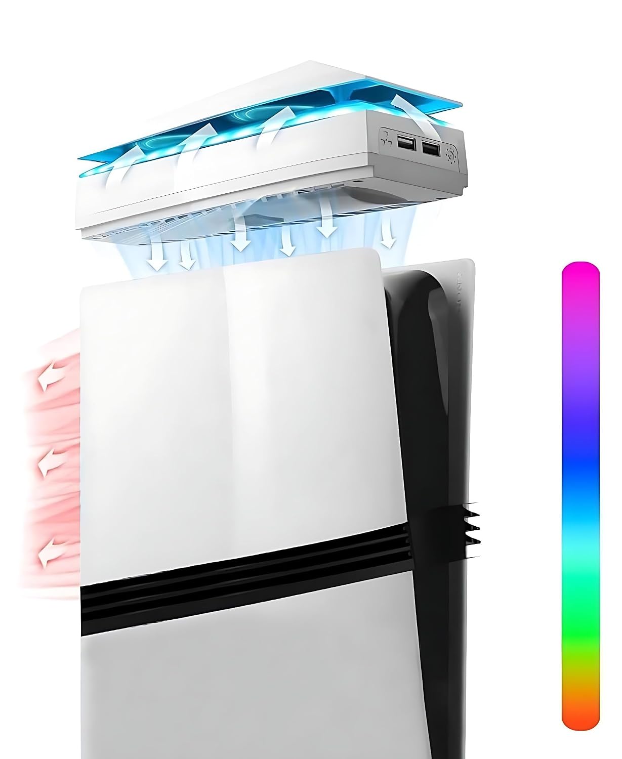 RGB Cooling Fan for PS5 Pro Disc & Digital Dust Cover– 7 RGB Light Modes, Ultra-Quiet Adjustable 3 Speed, Dual USB Ports