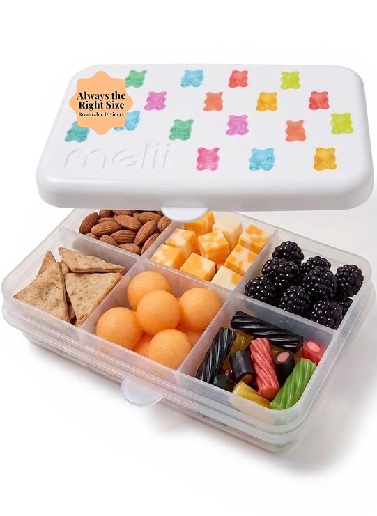 melii Snackle Box | 6-Compartment Divided Snack Container, BPA-Free Food Storage with Removable Dividers for School, Travel & On-the-Go Snacking (Gummy Bears)