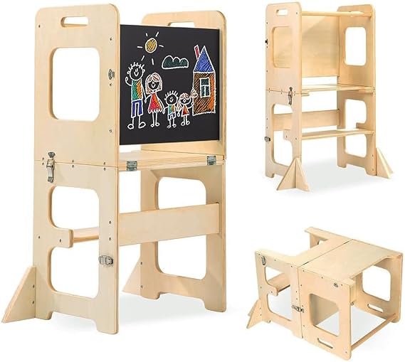 Toddler Standing Tower, Learning Standing Tower 2-in-1 Kitchen Wooden Stool Helper with Chalkboard Montessori and Waldorf Helper for Kids Wooden Step Stool with Desk Table and Chair (Log Color)
