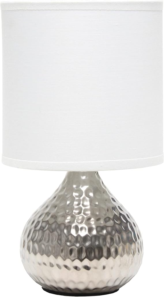 Simple Designs LT2073-SVW Mini Hammered Texture Silver Drip Table Lamp with White Shade