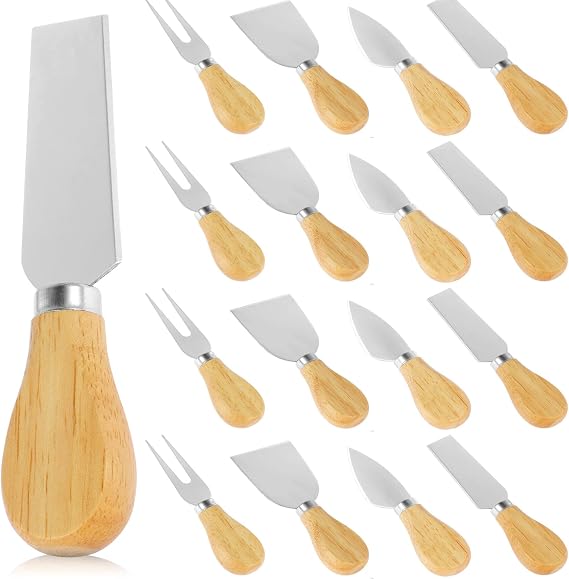 16Pcs Cheese Knives Bulk Set, Stainless Steel with Wooden Handle | Butter Cutter, Cheese Cutting Spatula, Forks Included, For Charcuterie Board