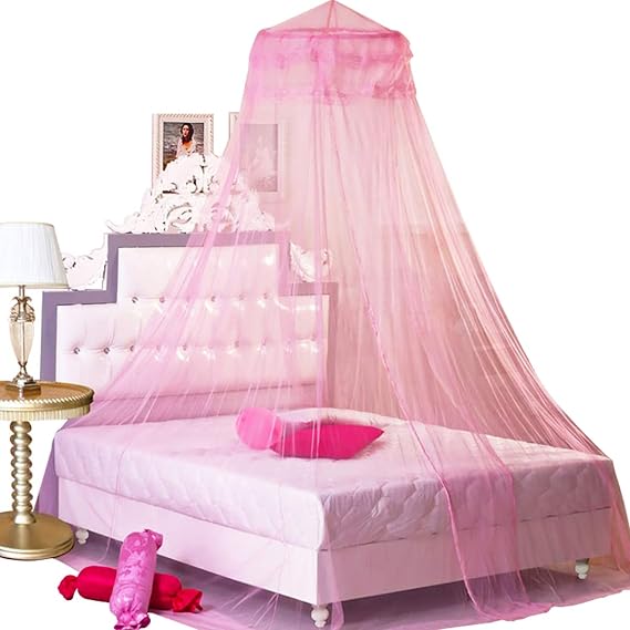 BCBYou Princess Bed Canopy for Girls, Lace Dome, Twin to Queen (Pink) | Fine polyester mesh; glow-in-the-dark stars; single ceiling mount point; hanging hardware included; machine washable