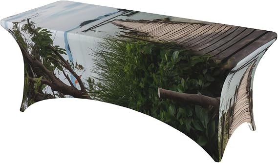 Wooden Path Tablecloth 6FT Stretch Spandex Table Cover Rectangle Table Cloth Waterproof & Stain Resistant Tablecloths Washable Tablecover for Dining Tabletop Decoration, Black