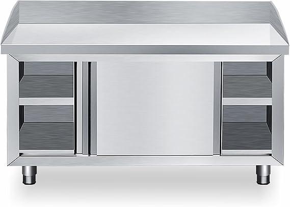 Stainless Steel Work Table Kitchen Prep Table, Heavy Duty Prep Worktable, Single Pass Kitchen Worktop Storage Cabinets, Commercial Workstation with Sliding Doors and Backsplash(80x50x80cm)