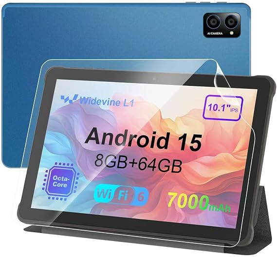 10 inch Android 15 Tablet: Octa-Core, 8GB RAM 64GB, 7000mAh, with Stand Case, IPS HD Display, Wi-Fi 6, OTG, Metal Body Fast & Portable Tablet for Work & Entertainment, 2-Year Protection