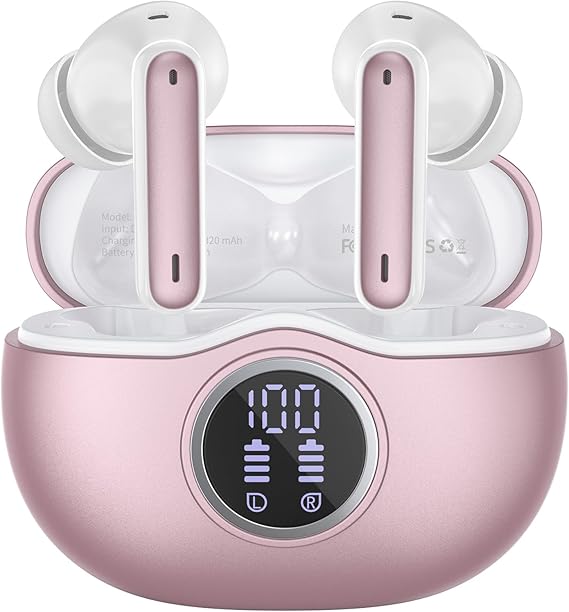 Wireless Earbuds Bluetooth 5.3 Headphones 40 Hrs Playtime with LED Display, Deep Bass Stereo and Noise Cancelling Bluetooth Ear Buds IP7 Waterproof Wireless Earphones for iPhone Android, Rose