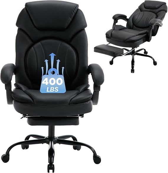 400lb Big Tall Comfy Executive Office Chair with Wide Seat Lumbar Support | Ergonomic Back Support, 160 Fully Recline, Wide Seat, Height Adjustable, Big Tall Computer Gaming Chair, Faux Leather