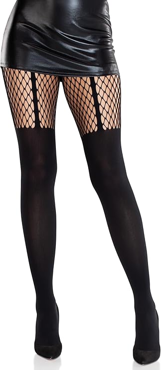 Leg Avenue Womens Seamless Black Fishnet Tights for Women with Opaque Garter Illusion and Net Thigh Detail, Black, One Size