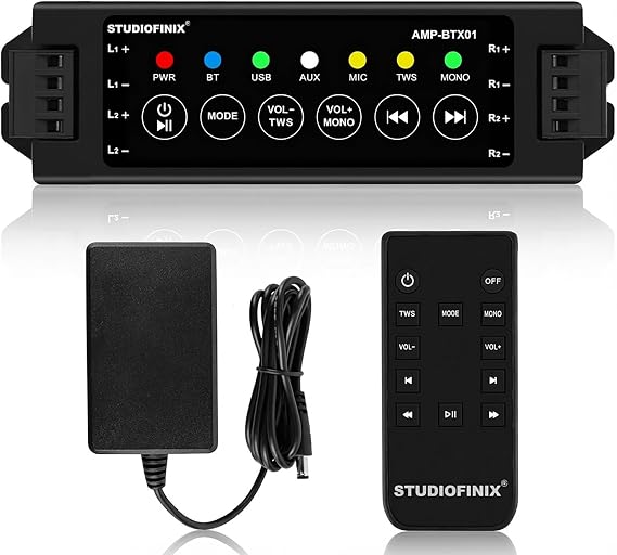 STUDIOFINIX 4チャンネルミニアンプ ワイヤレスアプリ&赤外線リモコン、Bluetooth 5.0、USB/MIC/AUX/TWS入力、電源オフメモリ付き 天井/壁/本棚/ガレージ用