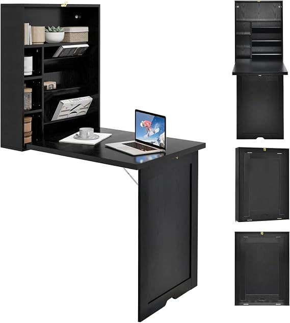 GOFLAME Wall Mounted Folding Desk with 3-Tier Tilt Storage Partition and Adjustable Shelves, Space-Saving Convertible Writing Desk for Home Office, Black