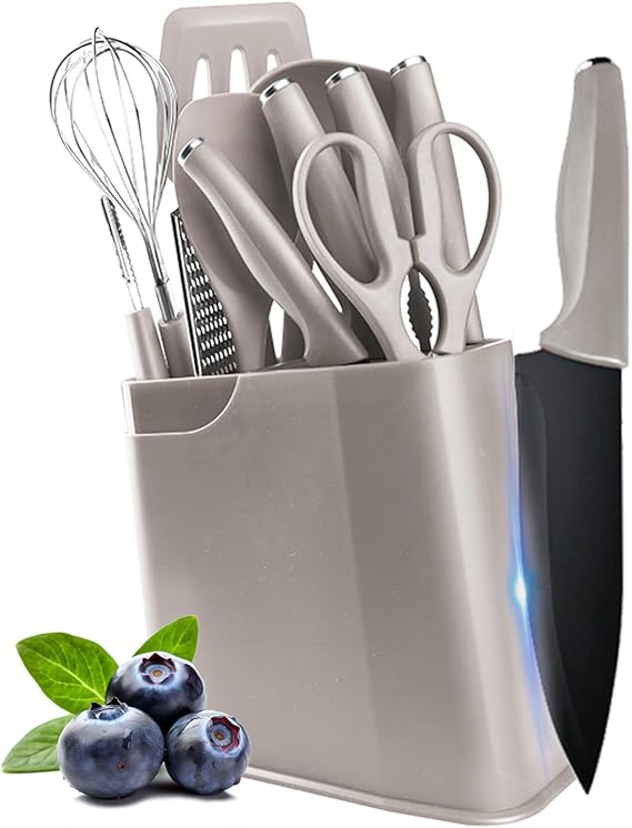 Cooking Utensils Set,12 PCS Kitchen Knife Set with Holder and Silicone Utensils Set for Cooking,Non-stick Stainless Steel Knives Set & Heat Resistan Kitchenware Set,Essential kitchen Gadgets (Khaki)