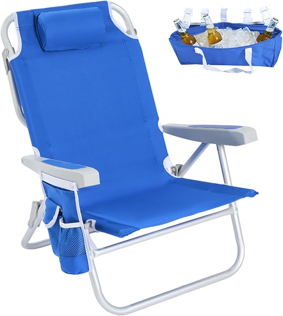 SUNNYFEEL Low Beach Chair, 5-Position Lay Flat Reclining Backpack Chair with Cooler Bag & Cup Holder, Portable Folding Beach Chair for Adults, Heavy Duty 350 LBS, Blue