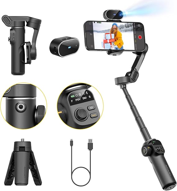 AOCHUAN Gimbal Stabilizer for iPhone with AI Tracking Sensor, Elevate Your Filming w/7.8" Extension Rod and OLED Screen for iPhone Gimbal, Gimbal w/8.0 Stability for Sports Shooting-Smart X2 AI Black