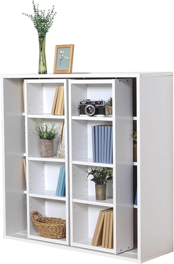 Fuji Boeki 86031 Bookcase, Double Slide Rack, Width 35.0 x Depth 11.4 x Height 35.0 inches (89 x 29 x 89 cm), White, Large Capacity, Comics, Storage