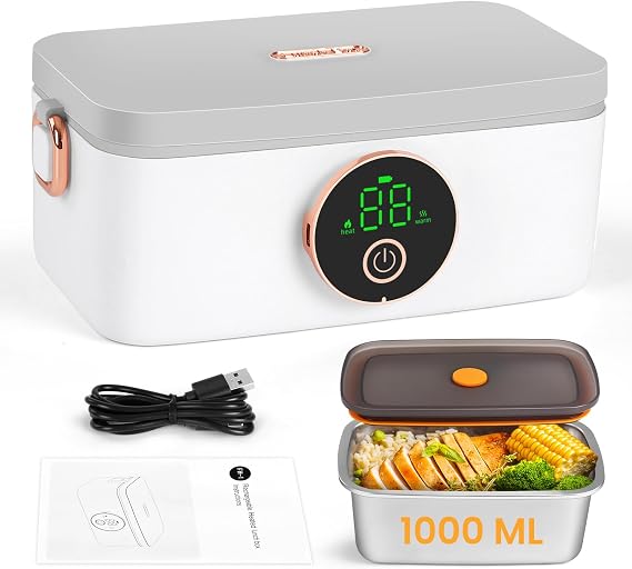 Iridesc Self Heating Lunch Box, 1L Battery Powered Lunch Box with Automatic Heating, 16000mAH Rechargeable Battery Provid Rapid Heating, Designed for Car, Office, Travel, Picnic & outdoor