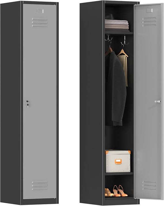 71" H Single Metal Loker, Lockers for Employees and Kids, Tall Office Storage Locker with 1 Door and Hooks for Office Gym Home School,Assembly Required, Black Gray