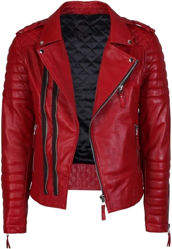 Mens Red Jacket Vintage Brando Style - Slim Fit Quilted Shoulders Motorcycle Biker Leather Jacket