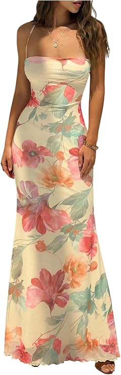 GORGLITTER Women's Floral Boho Maxi Dress Sexy Summer Backless 90s Dresses | Low Open Back Lace Up Sleeveless Birthday Cocktail Long Dresses, Boho Elegant Wedding Guest