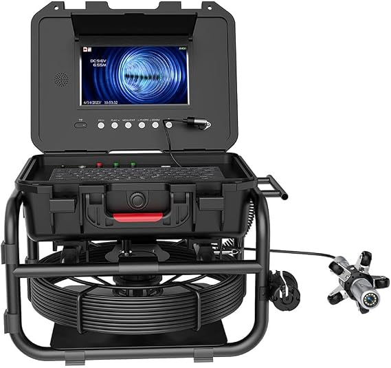Dual Lens Borescope 360 Rotating Sewer Pipe Inspection Camera, 9 IPS Monitor Screen 5X Zoom DVR 512HZ Transmitter 7mm Diameter IP68 Drain Pipeline Video Industrial Endoscope (Cable Length 40M/131FT)