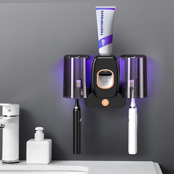 LXIANGN 3 in 1 Toothbrush Cleaner Holders,Rechargeable Wall Mounted Toothbrush Holder Toothpaste Dispenser Automatic 2 Cups Tooth Brush Holder for Bathroom, No Drilling, 4 Slots (Black)