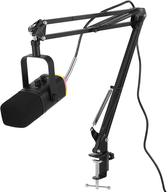 OMISTAR Dynamic Streaming USB Microphone for PC, Wireless Gaming Microphone with Boom Arm, Gaming Mic with RGB Light, Noise Reduction, Volume & Echo Knobs (100W-Boom Arm)