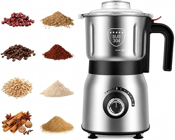 Electric Grinder for Kitchen - 500W Grain Mill with 3 Stainless Steel Blades, Versatile Spice Grinder for Coffee, Grinding Spices, Bean, Grains, Nuts,Wet & Dry Use(Black)