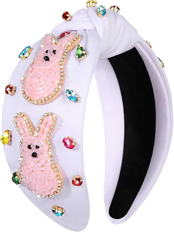 mokkia Easter Headbands Beaded Rabbit Bunny Headband for Women Pink Spring Knotted Headband Easter Hair Accessories Gifts